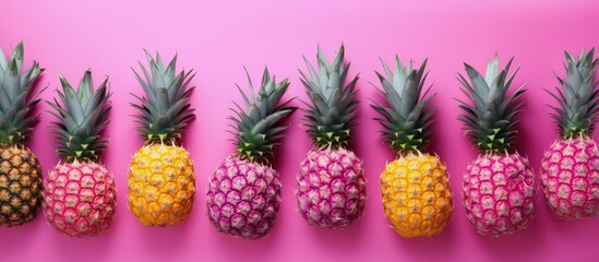 Poster - Fresh pineapples arranged in a colorful fruit pattern on a pink background seen from above Copy space image Place for adding text or design