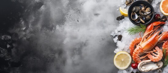 Poster - Frozen seafood assortment on gray stone Raw shrimp mussels scallops Empty area for text Copy space image Place for adding text or design