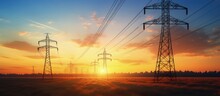 Evening Silhouettes Of High Voltage Towers And A Stunning Sunset Copy Space Image Place For Adding Text Or Design