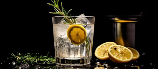 Aufkleber - Gin and tonic cocktail with lemon slices and rosemary on black background Copy space Copy space image Place for adding text or design