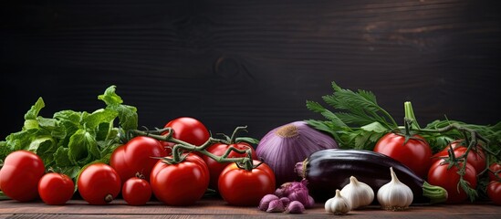 Fototapete - Freshly harvested vegetables and herbs on the table Copy space image Place for adding text or design