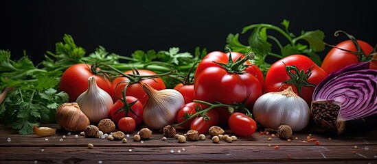 Poster - Freshly harvested vegetables and herbs on the table Copy space image Place for adding text or design