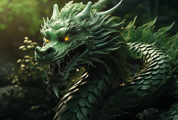 portrait of a green Chinese dragon with glowing eyes