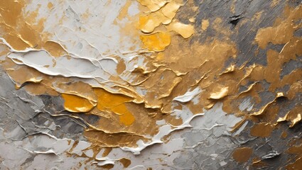 Wall Mural - Closeup of abstract white and gold, silver texture background. Oil, acrylic brushstroke, pallet knife paint on canvas. Art Canvas Banner.