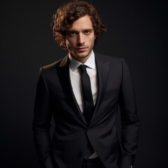 Wall Mural - photoshoot, brown haired curly man in suit, studio, posing standing, minimalist