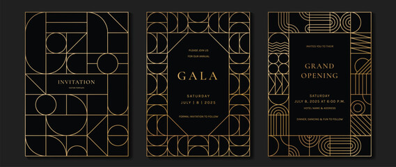 Luxury invitation card background vector. Elegant classic antique design, gold lines gradient, geometric shape on dark background. Premium design illustration for gala card, grand opening, art deco.