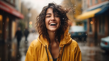 young beautiful joyful woman in a yellow raincoat in the rain, cheerful girl, happy face, spring, shower, walk, street, emotional portrait, expression, water, drops, splashes