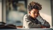 © iuricazac - A solitary afro teenager looks directly at the camera, revealing the weight of his sorrow while sitting alone in a classroom.