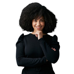 Sticker - Portrait, afro and happy business woman, designer or expert smile for work experience, fashion career or job. Happiness, formal apparel and professional person isolated on transparent, png background