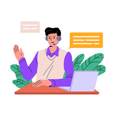 Poster - Man work in support center. Operator with headset helps clients. Consultant with headphones talk, speak with customers. Helpdesk, hotline worker. Flat isolated vector illustration on white background