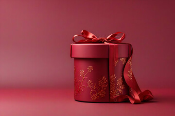 Maroon gift box with ribbon on red background