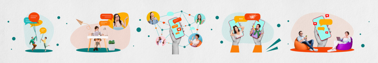 Poster - Horizontal collage image of successful people working online remote job with modern technology isolated on drawing background