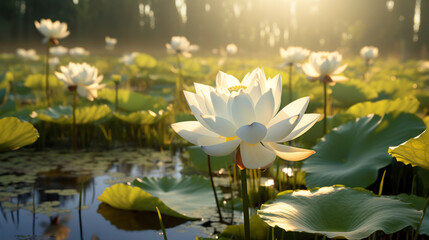 Wall Mural - blooming white lotuses on the water