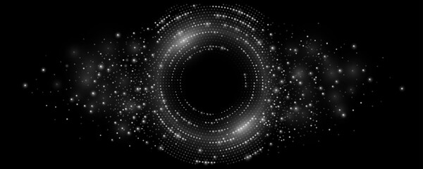 Wall Mural - Futuristic digital circles of glowing dots. Information particles in a neural network. Big data visualization into cyberspace. Artificial intelligence banner. Vector illustration. EPS 10.