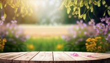 Wood Podium Tabletop Floor Outdoor Blurred White Frangipani Flowers Background