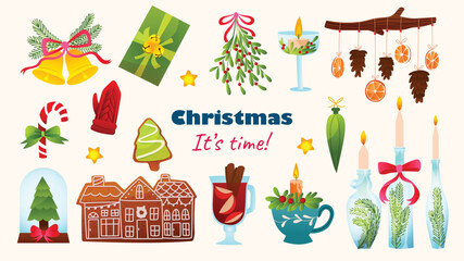 Wall Mural - Collection of christmas items, elements and decorations. Gingerbread house,candles,bell,pine cone,omela and other. 