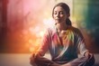 Meditation energy chakra girl. Spiritual yoga pose mindset balance. Generate ai
