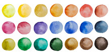 Watercolor Palette Of Different Colors, Rainbow, Round Circle, Texture Isolated, White Background, For Text, Banner, Card, Invitation, Design For Tag And Banner, Logo, Brand