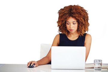 Poster - Laptop, table and business woman on mouse, reading email or search internet in creative startup. Computer, professional or serious writer at desk work on blog isolated on a transparent png background