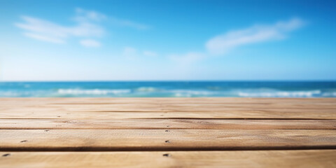 Wood table mockup with blue soft sky background. Empty copy space for product presentation. Generative AI