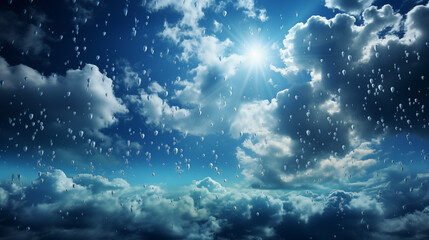  Rain clouds and sun on blue sky background.
