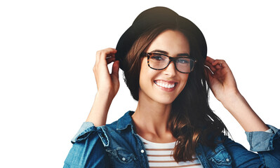 Wall Mural - Happy, glasses and portrait of woman with hat on isolated, png and transparent background. Optometry, fashion frames and face of person with prescription lens for vision, eyesight and wellness