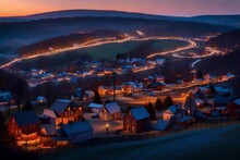 Experience The Twilight In Eastern Pennsylvania, The Landscape Bathed In The Soft Glow Of The Setting Sun, A Small Town Nestled Against Rolling Hills