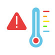 Thermometer with danger warning sign. Celsius, Fahrenheit, Kelvin, extreme heat or cold, fever, flu, acute infection, weather forecast, climate, anomaly. Colorful icon on white background