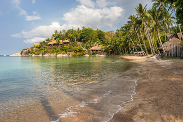 Wall Mural - Empty calm sandy tropical Sairee beach in the morning on Koh Tao island in Thailand. Picturesque peaceful shoreline