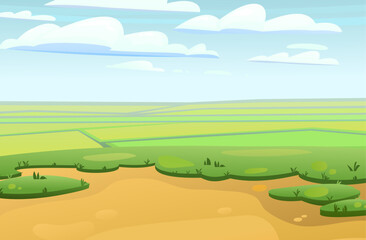 Wall Mural - elevated location. overview of plain with fields. scenery landscape. fun cartoon style. vector