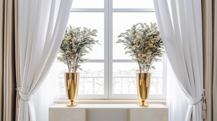 Luxury white room has big window and white curtains and decorations trees in the gold vase