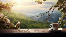 Warm Coffee By The Window With A View Of Beautiful Spring Flowers. Seamless Looping Time Lapse Video Background Animation. Generated With AI