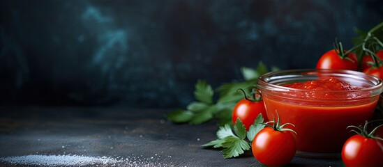 Canvas Print - Tomato ketchup sauce with seasonings and cherry tomatoes in a glass bowl on a stone table.