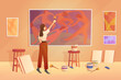 Artist painting picture with paints on wall of art studio vector illustration. Cartoon woman drawing creative abstract picture with brush, interior of craftsmans workplace with exhibition of paintings