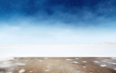 Poster - Wooden floor with winter snow and blue sky background. Christmas and New Year concept. High quality photo