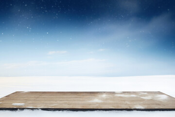 Aufkleber - Wooden deck against snowy landscape with snowdrift in blue sky background. High quality photo