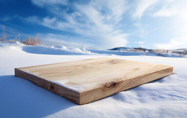 Aufkleber - Wooden board on the background of snow and blue sky with clouds. High quality photo