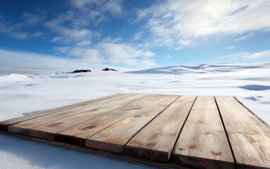 Aufkleber - Wooden board top on white snow with blue sky and cloud background. High quality photo