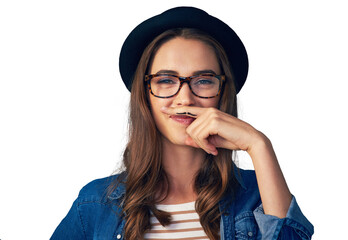 Poster - Isolated woman, mustache and finger by portrait with smile, face or funny by transparent png background. Girl, glasses and retro fashion for comic emoji, joke and art on hand for beard with laugh