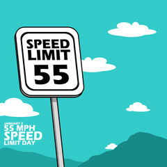 55 mph Speed ​​Limit Day event banner. A vehicle speed limit signpost with a background of blue sky, clouds and mountains to commemorate on January 2