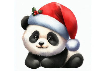 Watercolor Wonder: Little Panda in a Red Santa Hat - Perfect for Festive Greetings