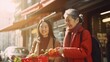 © Rakchanika - Chinese elderly mother and young daughter walking in China downtown market shopping food and ingredients preparing for Chinese New Year party dinner celebration with big family come back to home town