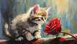 kitten and red rose oil painting