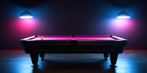 The iconic black 8-ball stands out on the lush blue felt of a pool table, under the ambient glow of pink neon