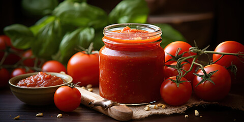 Wall Mural - Traditional kitchen scene highlighting a vibrant red tomato sauce in a glass jar, accompanied by ingredients for Italian cuisine