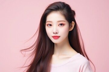 Wall Mural - young beautiful asian woman looking at camera close up with natural korean makeup, perfect clean ski