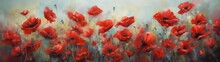 A vibrant carpet of red poppies swaying rhythmically on a breezy afternoon, with shadows dancing delicately among them.
