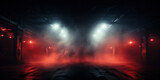 Fototapeta Perspektywa 3d - Dramatic stage lit by red neon lights, shrouded in mist and darkness