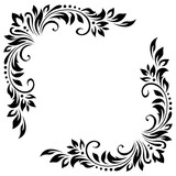 Fototapeta Koty - Abstract pattern, decorative element, clip art with stylized leaves, flowers and curls in black lines on white background. Corner vintage ornament, border, frame