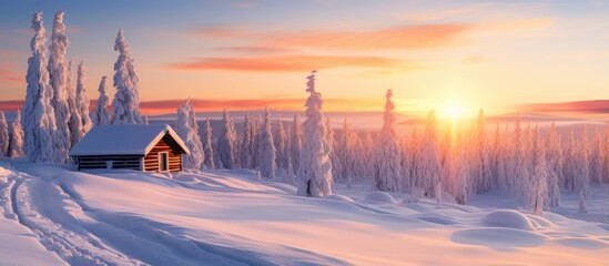 Poster - Winter scenery in Lapland Finland with sunset, wooden hut, and snow covered trees